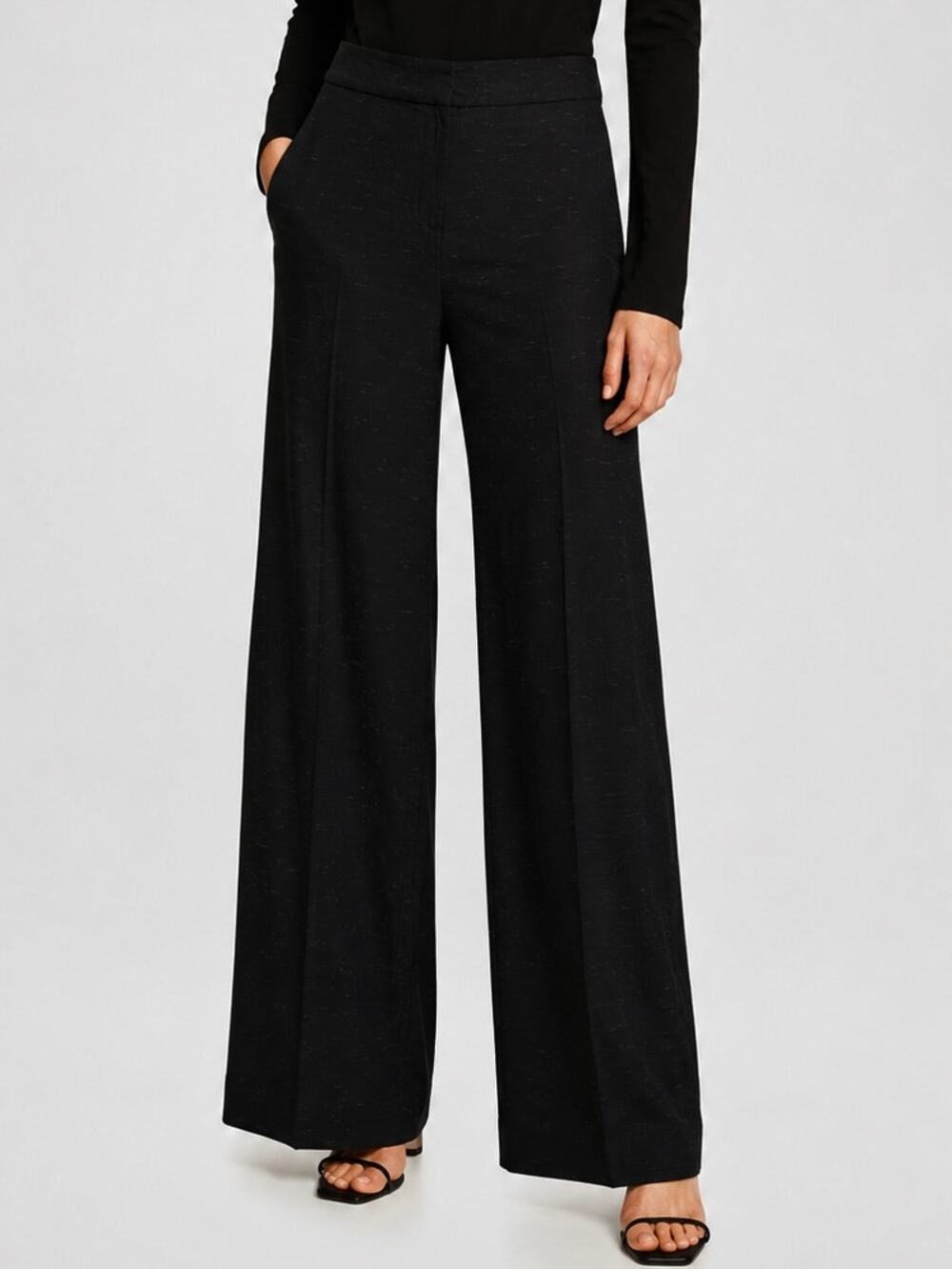 ST JOHN Diana Wide Leg Pants High Waist Trouser Satin Pleated Formal, Black